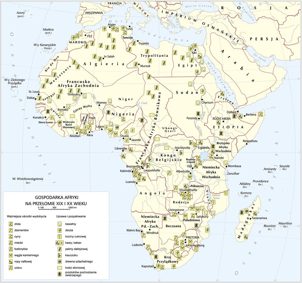 Mapa Afryki przedstawia jej gospodarkę. Złoto wydobywano w Maroku, Algierii, Kraju Przylądkowym, Złotym Wybrzeżu. Diamenty wydobywano w Kraju Przylądkowym, Rodezji, Kongo Belgijskim. Cynę wydobywano w Rwandzie, Somalii. Miedź wydobywani w Angoli, Rodezji. Fosforyty wydobywano w Maroku, Algierii, Tunezji. Węgiel kamienny wydobywano w Rodezji, Nigerii. Ropę naftową wydobywano w Egipcie. Uran wydobywano w Kongu belgijskim. Bawełnę uprawiano Nigrze, Francuskiej Afryce Zachodniej, Senegalu, Gwinei, Maroku, Egipcie, Sudanie. Zboża uprawiano w Kraju Przylądkowym, Rodezji, Angoli, Sudanie, Egipcie, Maroku, Algierii. Trzcinę cukrową uprawiano w Kraju Przylądkowym, nad jeziorem Malawi. Kawę i kakao uprawiano w  Angoli, Kongo Belgijskim, Francuskiej Afryce Równikowej, Nigerii, Wybrzeżu Kości Słoniowej, Sierra Leone, Erytrei, Etiopii, na Madagaskarze. Palmę daktylową uprawiano w Francuskiej Afryce Równikowej, Trypolitanii, Egipcie, Algierii, Francuskiej Afryce Zachodniej, Senegalu. Kauczuk pozyskiwano w Kongo Belgijskim. Drewno szlachetne pozyskiwano w Nigerii, Wybrzeżu Kości Słoniowej, na Madagaskarze. Kość słoniową pozyskiwano w Kongo Belgijskim, na Wybrzeżu Kości Słoniowej, we Francuskiej Afryce Równikowej. Produkty pochodzenia zwierzęcego pozyskiwano w Kraju Przylądkowym, na Madagaskarze, w Beczuanie, Rodezji Południowej, Brytyjskiej Afryce Wschodniej, Etiopii, Sudanie, Nigerii, Gwinei.