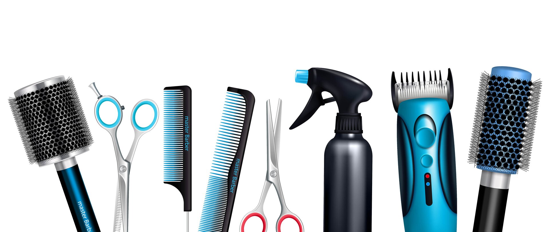 Zdjęcie przedstawia narzędzia fryzjerskie, ułożone obok siebie. Od lewej są to: duża okrągła szczotka, nożyczki, grzebienie z różnym rozstawem ząbków, nożyczki, spryskiwacz, maszynka oraz szczotka do modelowania.