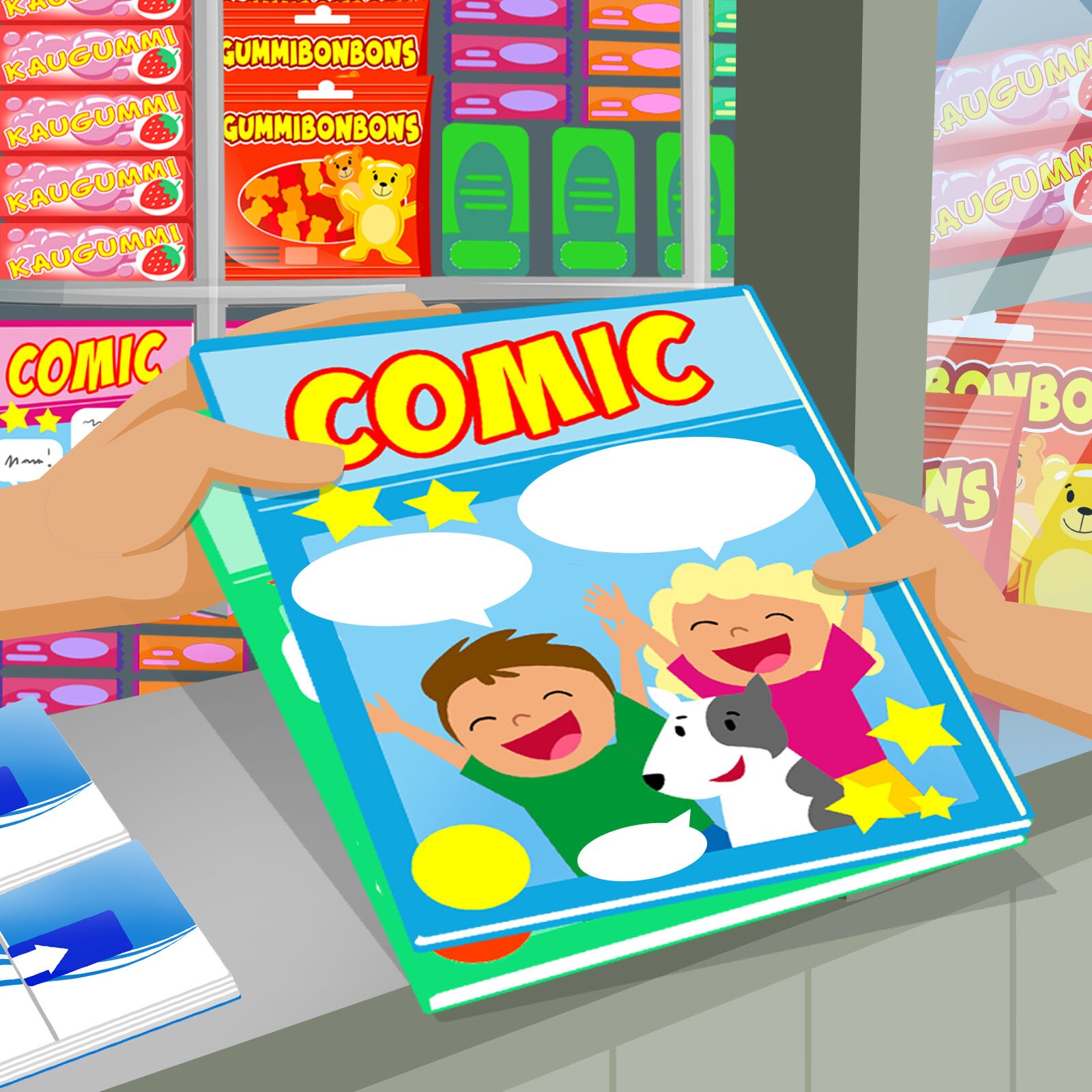 Ilustracja przedstawia osobę kupującą komiks 