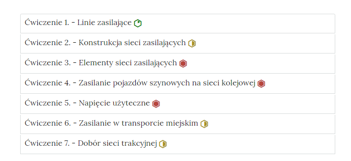 Zrzut ekranu przedstawia przykładowy wygląd zakładek z interaktywnymi materiałami sprawdzającymi. Widoczne są cztery zakładki z ćwiczeniami, na każdej zakładce jest numer ćwiczenia i jego tytuł. Po tytule widać symbol poziomu trudności danego ćwiczenia. Przykład tekstu na pasku zakładki. Ćwiczenie 1 myślnik linie zasilające.