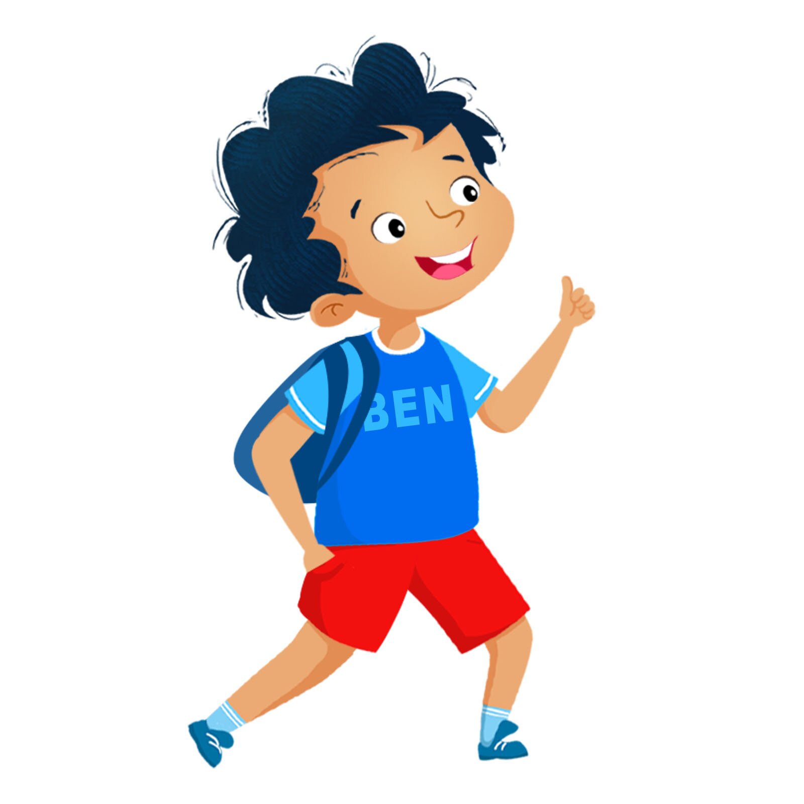 Ilustracja przedstawia ciemnowłosego chłopca z plecakiem.To Ben