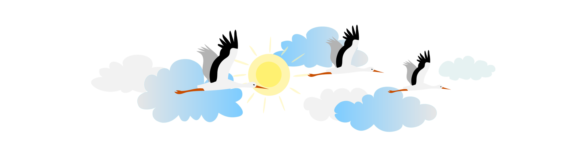 Ilustracja przedstawia niebo ze słońcem i jasnymi chmurami oraz trzy bociany w locie. Są to białe ptaki z czarnym upierzeniem na końcówkach skrzydeł, długimi czerwonymi dziobami i długimi czerwonymi nogami.