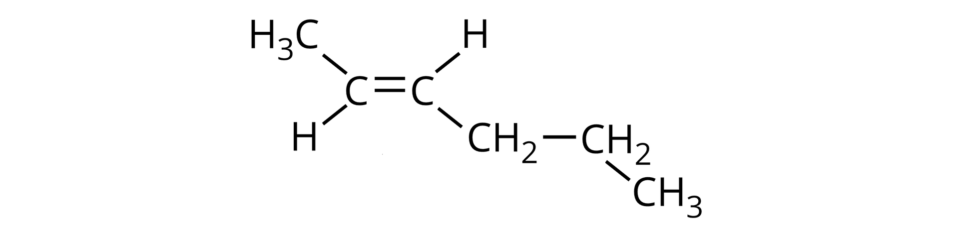 Na ilustracji jest wzór: dwa atomy węgla są połączone wiązaniem podwójnym. Atom węgla leżący po lewej stronie wzoru łączy się u góry z grupą metylową, a na dole z atomem wodoru. Drugi atom węgla łączy się u góry z atomem wodoru, a na dole z grupą metylenową połączoną z grupą metylenową. Ta z kolei w dół łączy się z grupą metylową.