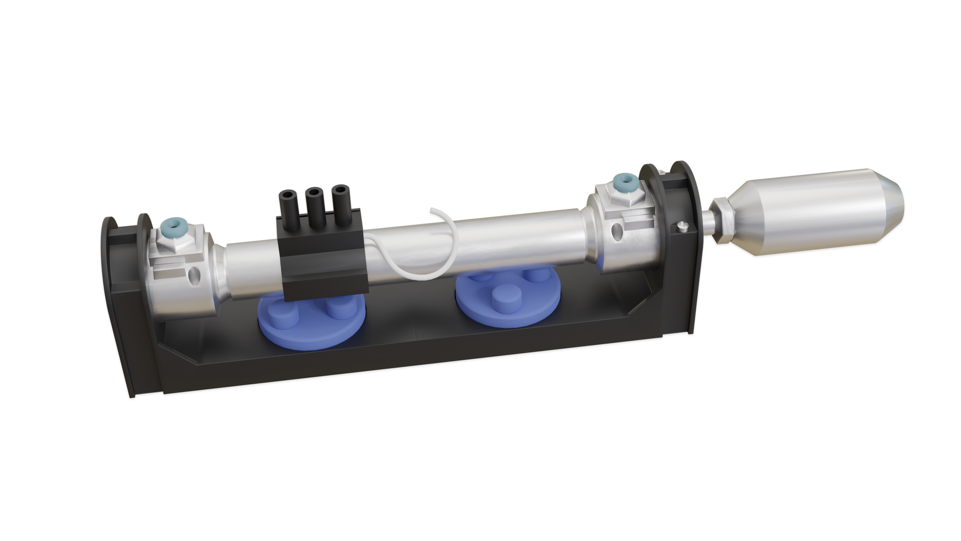 Grafika przedstawia kontrakton zamontowany na siłowniku pneumatycznym. Jest to podłużne urządzenie, z którego wystaje część siłownika.