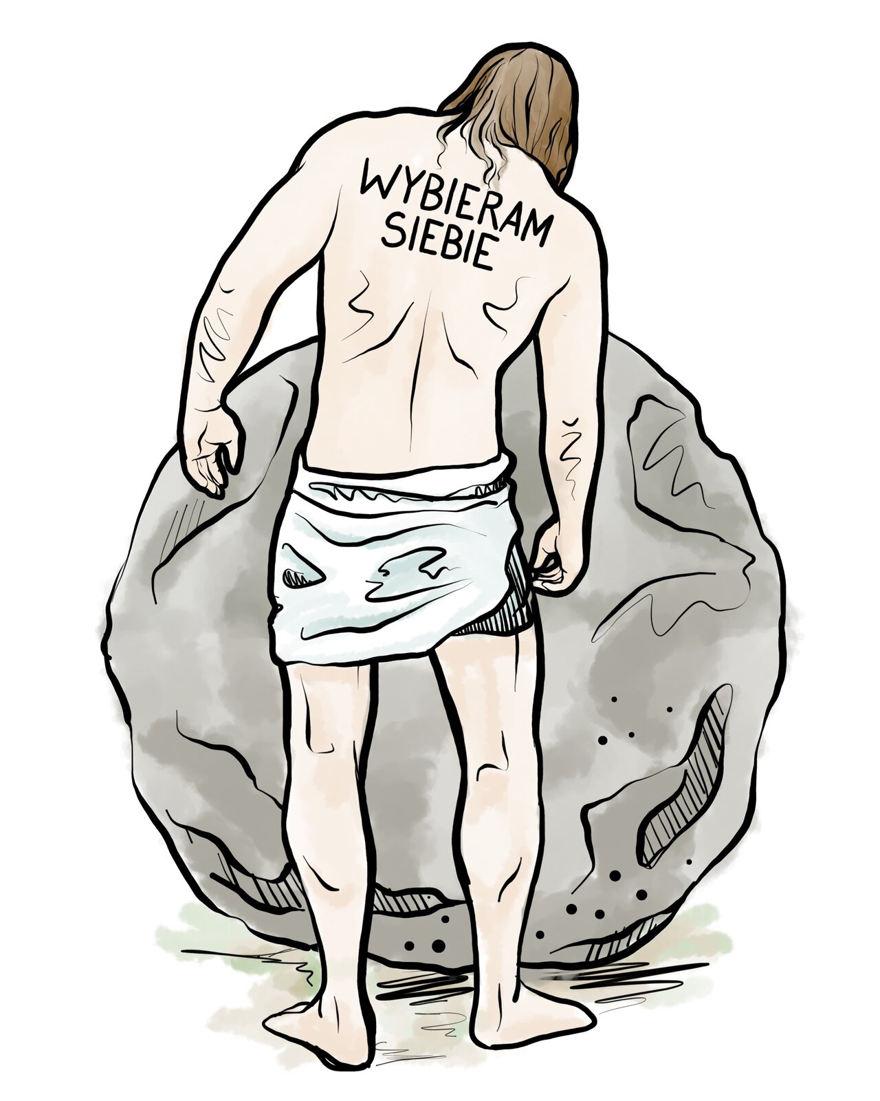 Rysunek przedstawia mężczyznę i głaz. Mężczyzna stoi odwrócony tyłem do widza. Ma zasłonięte przepaską biodra. Jest bosy. Na plecach mężczyzny widnieje napis wybieram siebie. Mężczyzna stoi na wprost olbrzymiego, kulistego głazu.