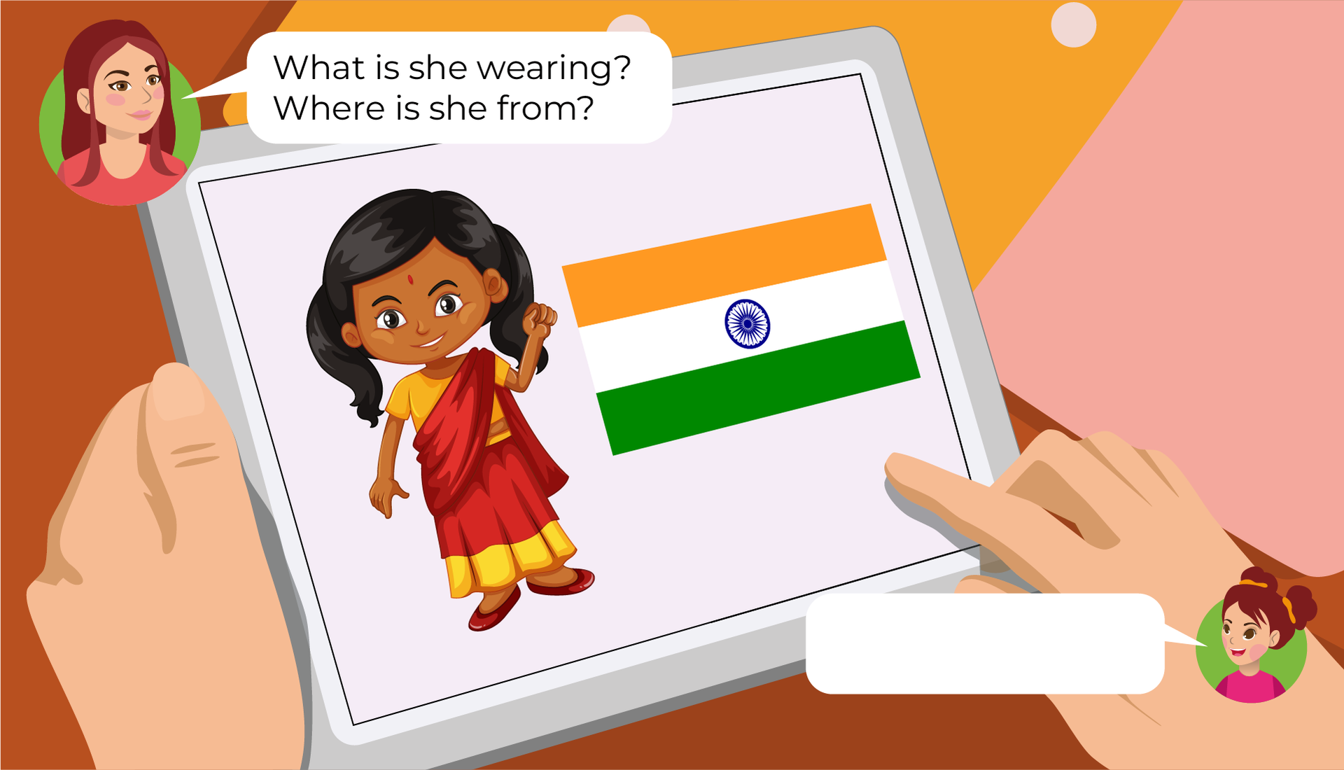 Ilustracja przedstawia tablet trzymany w czyichś dłoniach. W kółeczkach po przeciwległych stronach znajdują się twarze dwóch osób. Mamy i dziewczynki o imieniu  Mia. Mama wypowiada słowa zawarte w chmurce:  What is she wearing? Where is she from? . Dziewczynka również wypowiada słowa, ale jej chmurka jest pusta. Na tablecie widzimy dziewczynkę z czerwoną kropką na czole, ubraną w żółto czerwony strój. Obok znajduje się flaga Indii, złożona z trzech poziomych pasków: żółtego, białego i zielonego. Na białym znajduje się niebieski okrąg.