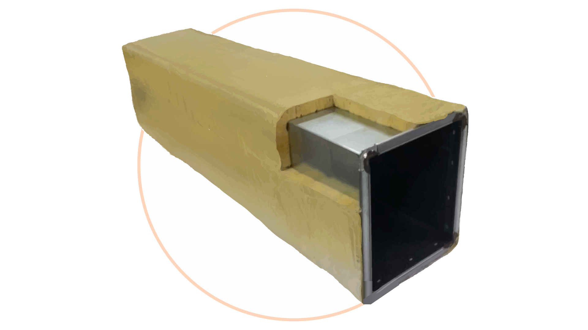 Grafika przedstawia błędnie wykonaną izolację ciepłochronną urządzenia o ścianach płaskich - brak folii izolującej. Grafika zawiera prostopadłościenne urządzenie zaizolowane za pomocą samej wełny mineralnej. 