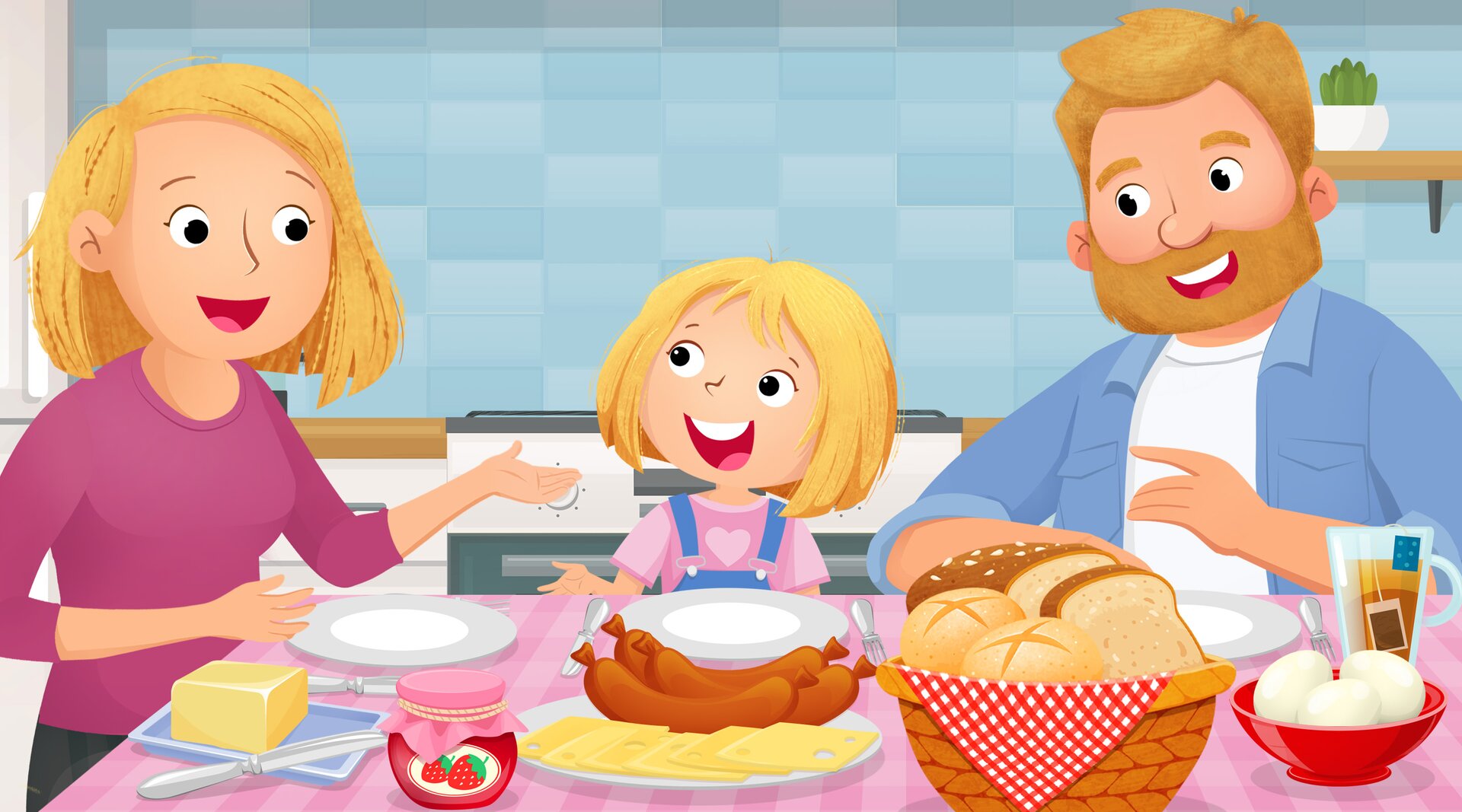 Ilustracja przedstawia rodzinę jedzącą śniadanie przy stole. Po lewej stronie siedzi mama, pośrodku córka, a po prawej stronie tata. Wszyscy ze sobą rozmawiają i się uśmiechają. Pod tekstem znajduje się nagranie dźwiękowe z transkrypcją.