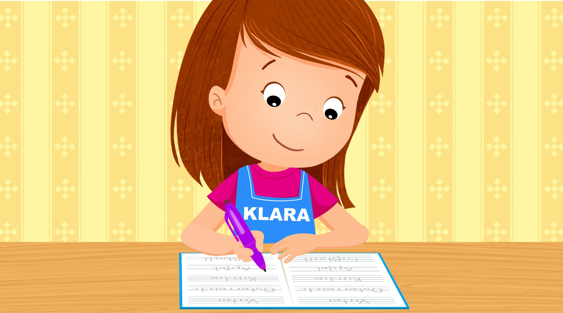 Na ilustracji znajduje się Klara, która odrabia zadania domowe.