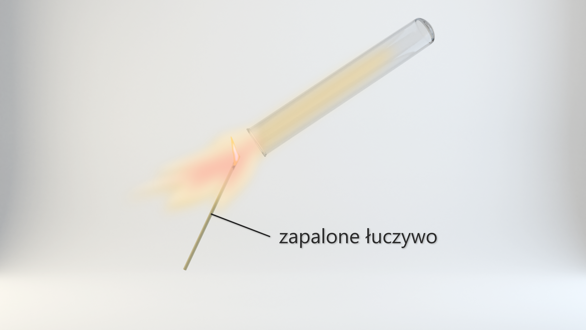 Ilustracja przedstawia metodę identyfikacji wodoru. Szklana probówka z bezbarwnym gazem, wodorem jest odwrócona dnem do góry. Do jej wylotu przystawione jest zapalone łuczywo, podpisane etykietką: zapalone łuczywo. Z probówki wydobywa się płomień o pomarańczowej barwie, który wypełnia ją w całej objętości.