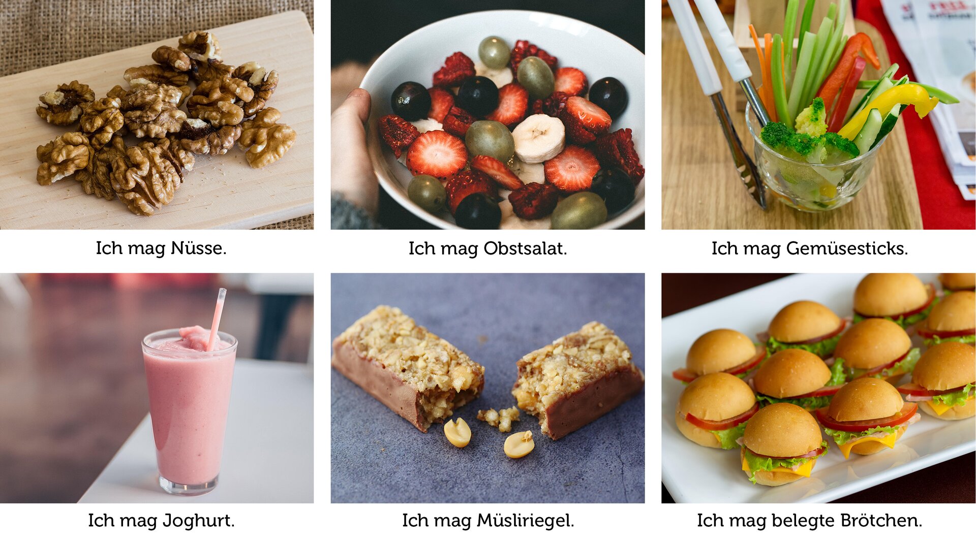 Ilustracja przedstawia orzechy, sałatkę owocową, warzywa w słupkach, jogurt, baton musli i kanapki.