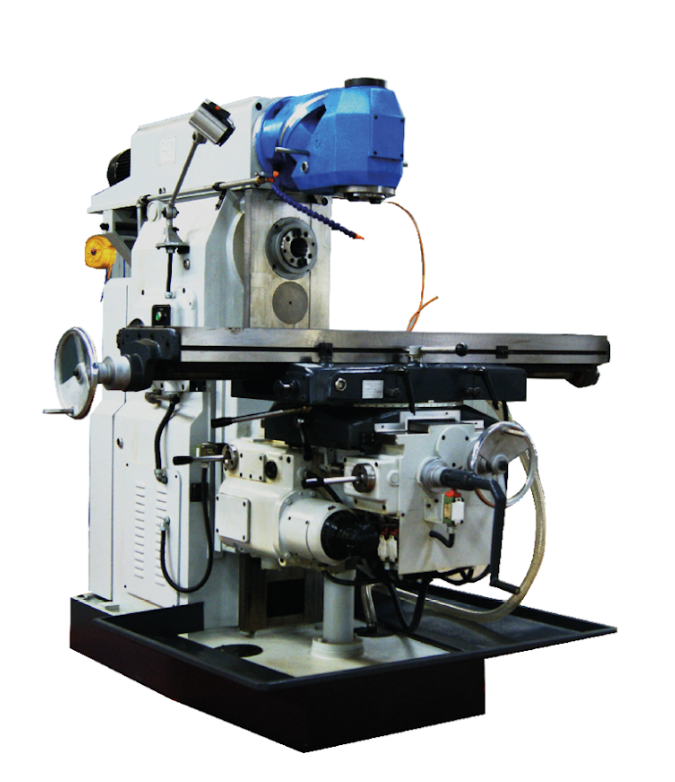 Ilustracja przedstawia frezarkę. To maszyna zbudowana z żeliwnego korpusu, na którym poziomo umieszczone jest napędzane i przesuwne wrzeciono oraz stół frezarki , który posiada posuw poprzeczny, wzdłużny i w płaszczyźnie pionowej.