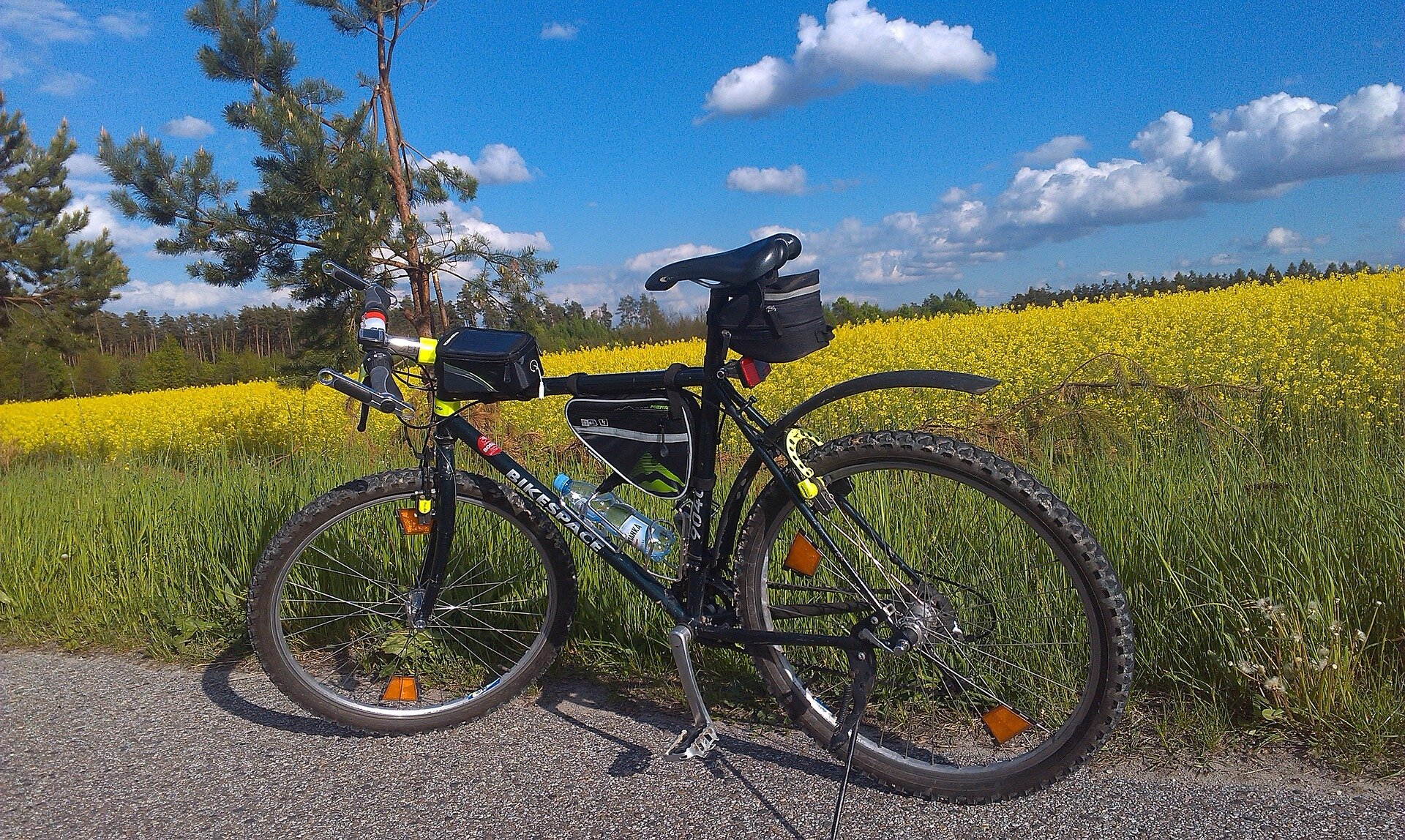 Fotografia przedstawia rower z dodatkowymi torbami przymocowanymi do ramy, w tle żółte pole z rzepakiem. 