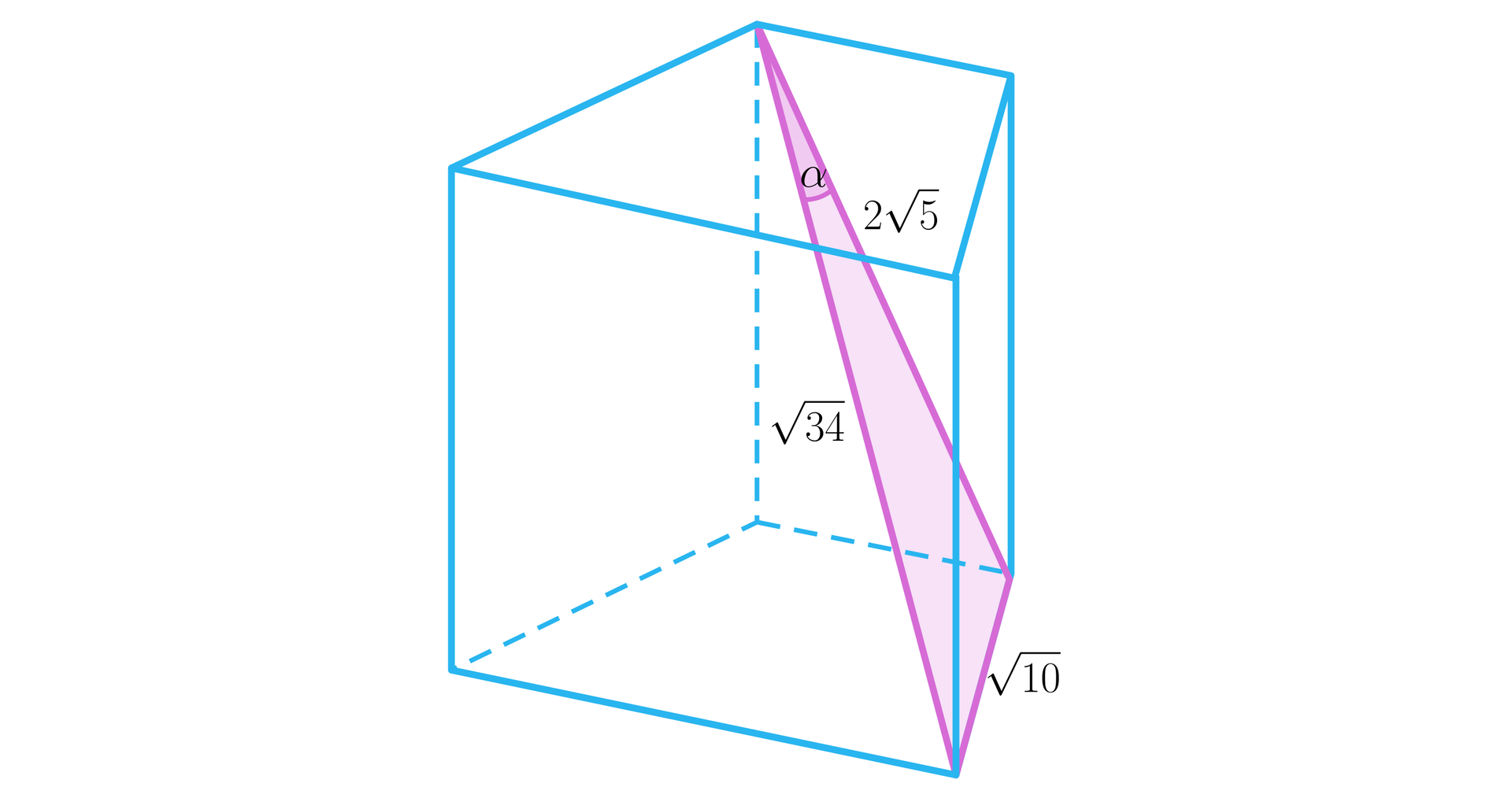 Rysunek przedstawia graniastosłup. Podstawą graniastosłupa jest trapez. W graniastosłup wpisany jest trójkąt. Podstawą tego trójkąta jest jedno z ramion trapezu będącego dolną podstawą graniastosłupa. Podstawa ta ma długość pierwiastek z 10. Jedno z ramion tego trójkąta jest przekątną ściany bocznej graniastosłupa. Jest to ściana przylegająca do krótszej podstawy trapezu. Ramię to ma długość 2 pierwiastek z 5. Drugie ramię trójkąta stanowi przekątną graniastosłupa . Ma ono długość pierwiastek z 34.