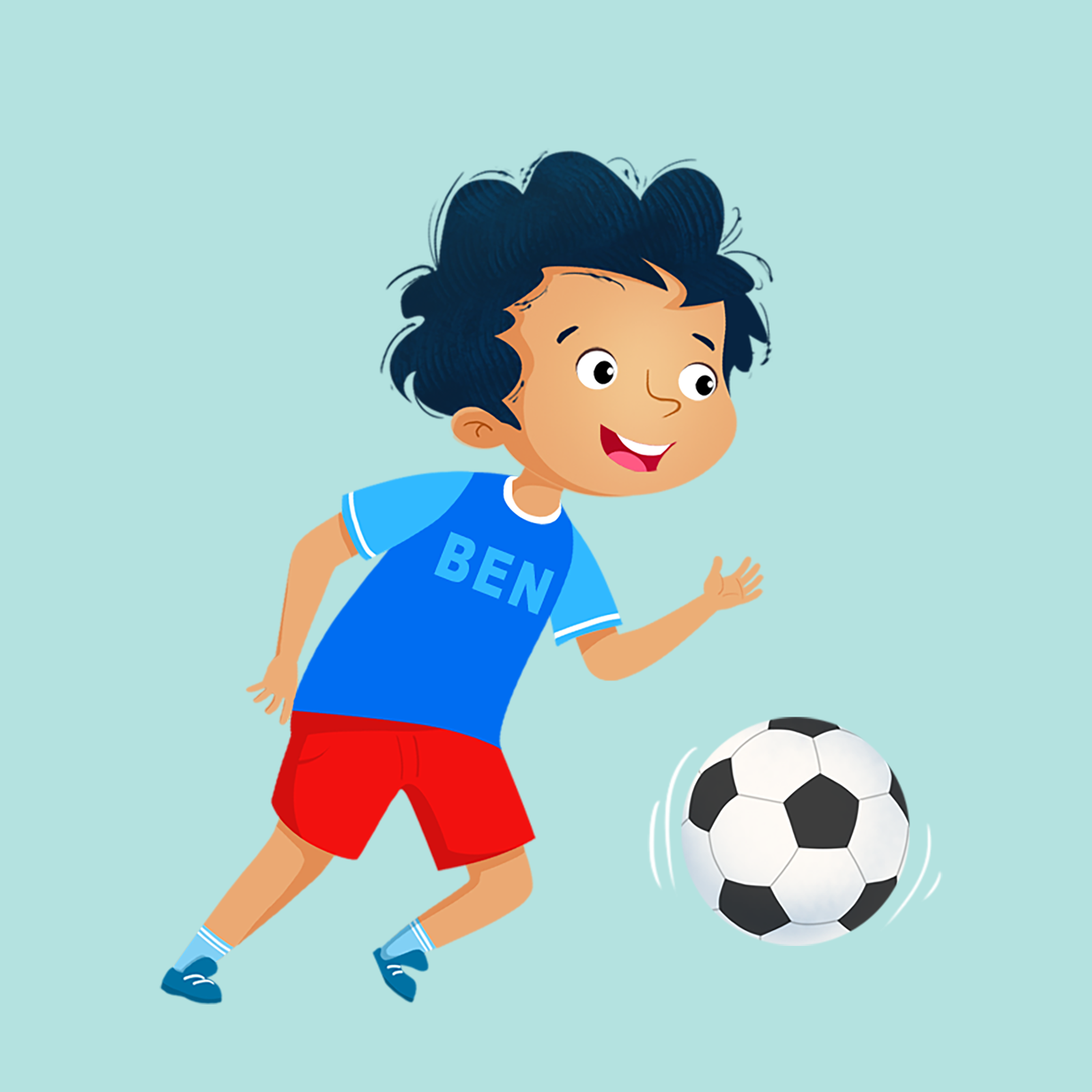 Ilustracja przedstawia chłopca z ciemnymi włosami w niebieskiej koszulce. Gra on w piłkę nożną.