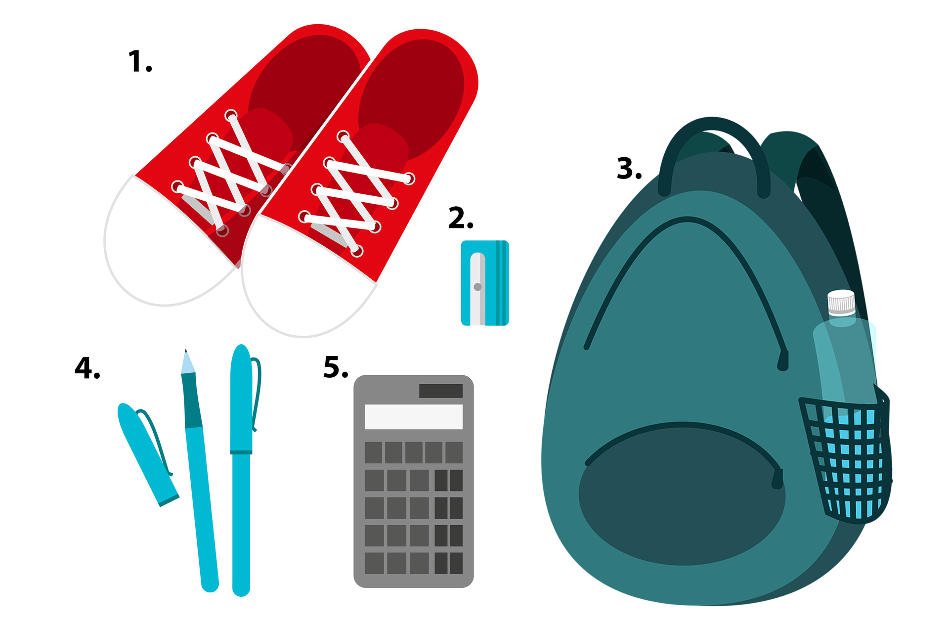 Ilustracja przedstawia przedmioty, które są ponumerowane od jednego do pięciu. Pod numerem pierwszym są trampki. Pod numerem drugim jest temperówka. Pod numerem trzecim jest plecak. Pod numerem czwartym są dwa długopisy. Pod numerem piątym jest kalkulator.