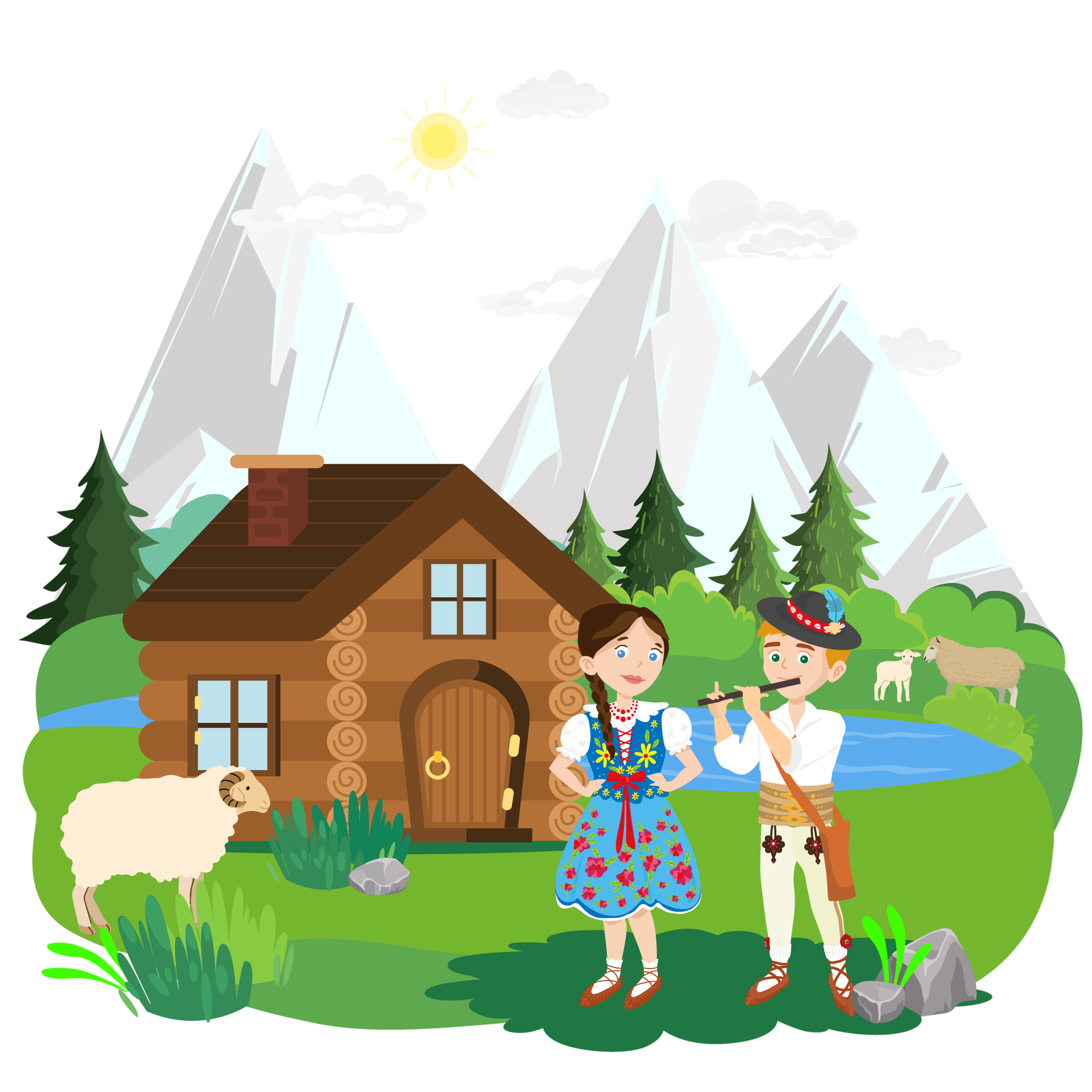 Ilustracja przedstawia górski krajobraz. W tle widać wysokie góry oraz niebo ze słońcem i kilkoma białymi chmurami. W centralnej części ilustracji znajduje się teren porośnięty zielenią. Po prawej stronie, w oddali, stoją dwie owce – jedna mała i jedna duża. Obok zwierząt, po ich lewej stronie, jest widoczny fragment rzeczki. Nieco bliżej stoi drewniana chatka z ciemnobrązowym dachem. Po lewej stronie chatki jest biały baran, a po prawej stronie stoją dwie osoby w ludowych strojach – kobieta i mężczyzna. Kobieta ma ciemnobrązowe włosy zaplecione w długi warkocz i jest ubrana w białą bluzkę z dużym kołnierzem i krótkimi rękawami, granatową kamizelkę w kwiatowy wzór, związaną z przodu czerwoną wstążką zakończoną kokardą, błękitną spódnicę w czerwone kwiaty, białe skarpety i brązowe buty. Na szyi ma czerwone korale. Opiera ręce na biodrach i patrzy przed siebie. Mężczyzna ma rude włosy i jest ubrany w białą koszulę z kołnierzykiem i długimi, podwiniętymi do łokci rękawami, szeroki jasnobrązowy pas z trzema złotymi klamrami, długie beżowe spodnie z ciemnobrązowym kwiatowym wzorem przy kieszeniach i pojedynczymi czerwonymi kwiatami przy kostkach, białe skarpety i brązowe buty. Na głowie ma czarny kapelusz ozdobiony czerwoną wstążką, do której jest przyczepione niebieskie piórko. Nosi przewieszoną przez ramię brązową torbę na długim pasku. Mężczyzna gra na ciemnobrązowym flecie.