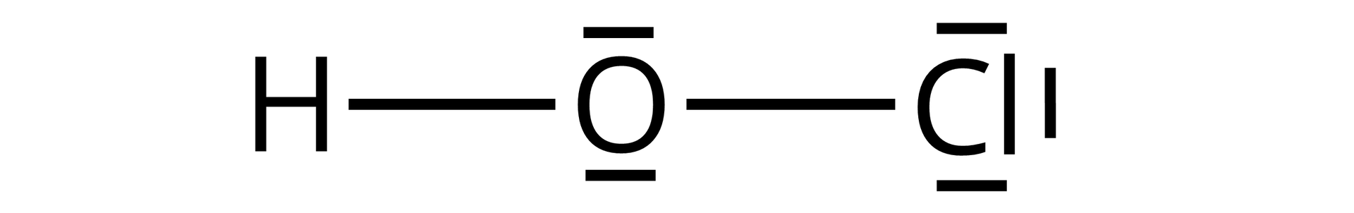 Na ilustracji jest wzór: atom tlenu, który ma dwie kreski, łączy się po lewej stronie z atomem wodoru, a po prawej z atomem chloru, który ma trzy kreski.