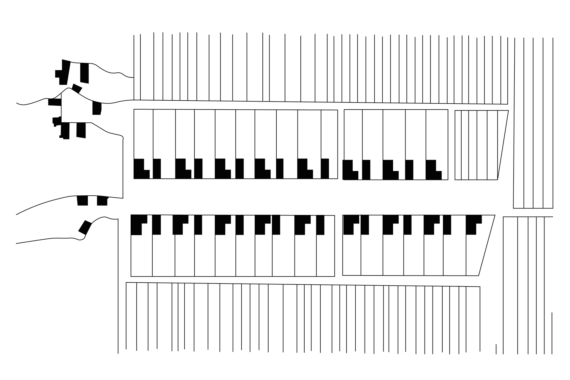 Schemat przedstawia przestrzenny układ zabudowy we wsi skupionej. Gospodarstwa domowe są skupione po dwóch stronach drogi przebiegającej przez środek wsi. 