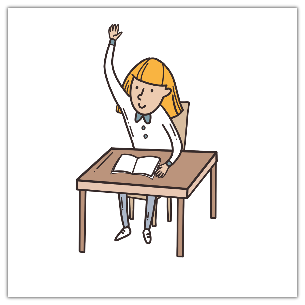 Na ilustracji widoczna uczennica w ławce podnosząca rękę.