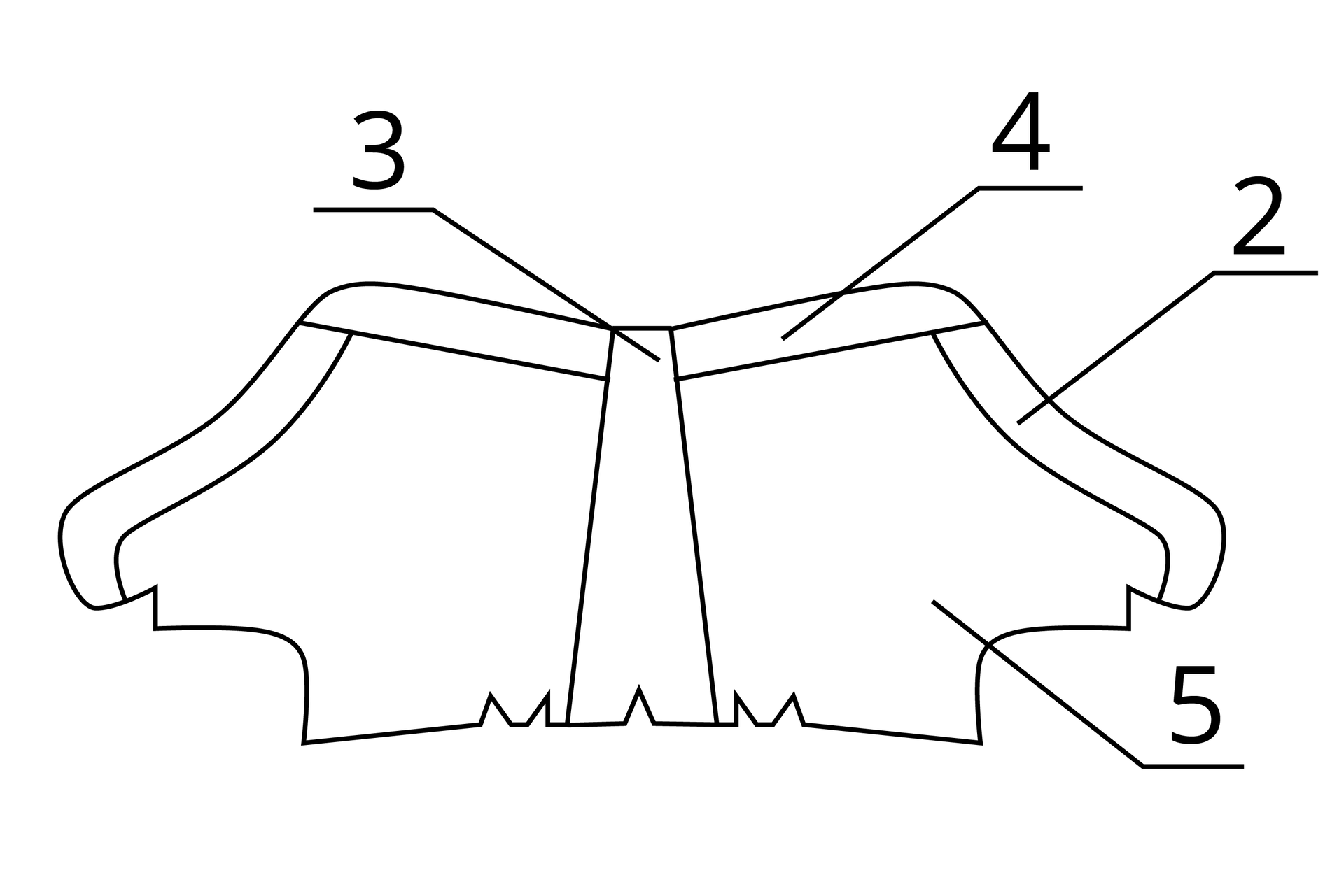 Grafika przedstawia schemat składający się z symetrycznych dwóch elementów i łączącego je kształtu przypominającego trapez. Od poszczególnych części odchodzą linie proste opisane cyframi od 2 do 5.