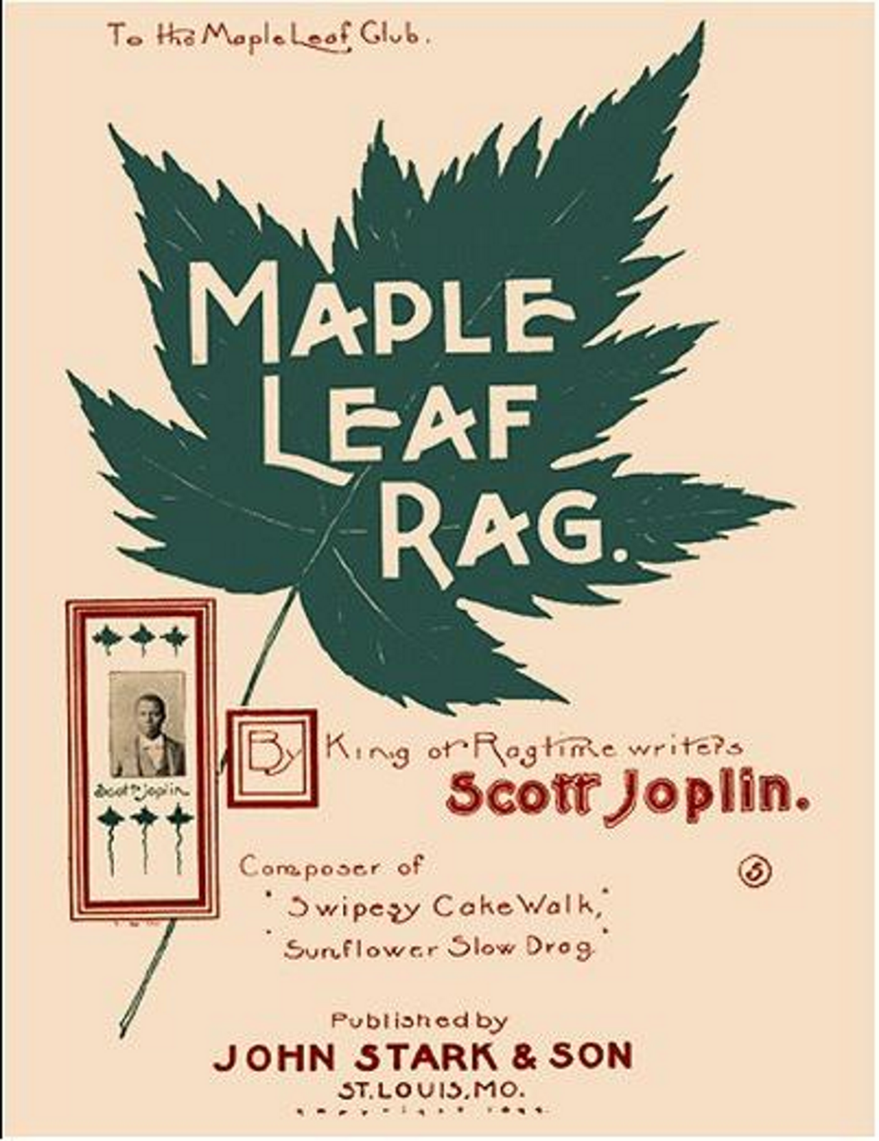 Ilustracja przedstawia okładkę do Maple Leaf Rag, opublikowana w USA przed 1923 rokiem. Na okładce znajduje się zielony liść z napisem: MAPLE LEAF RAG.