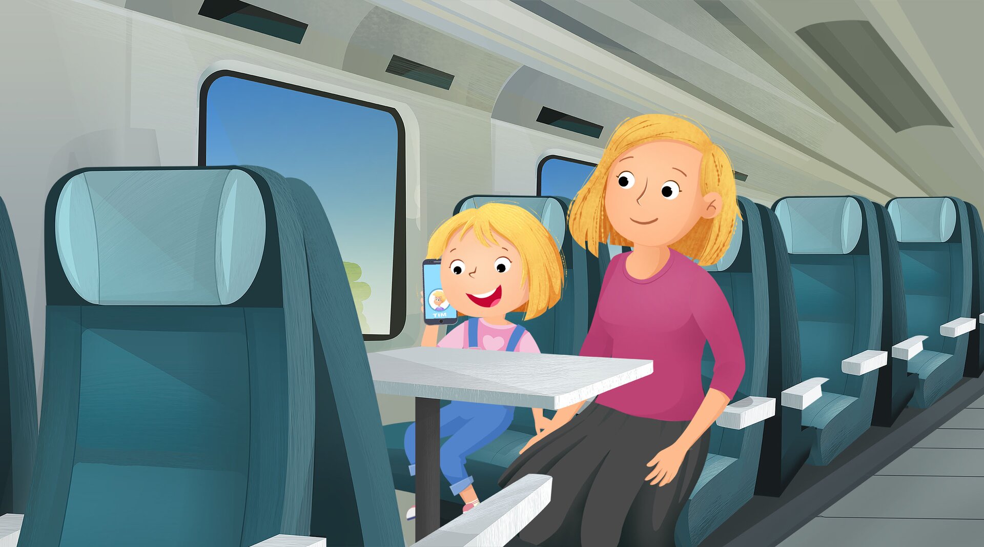 Na ilustracji znajdują się matka i córka jadące pociągiem