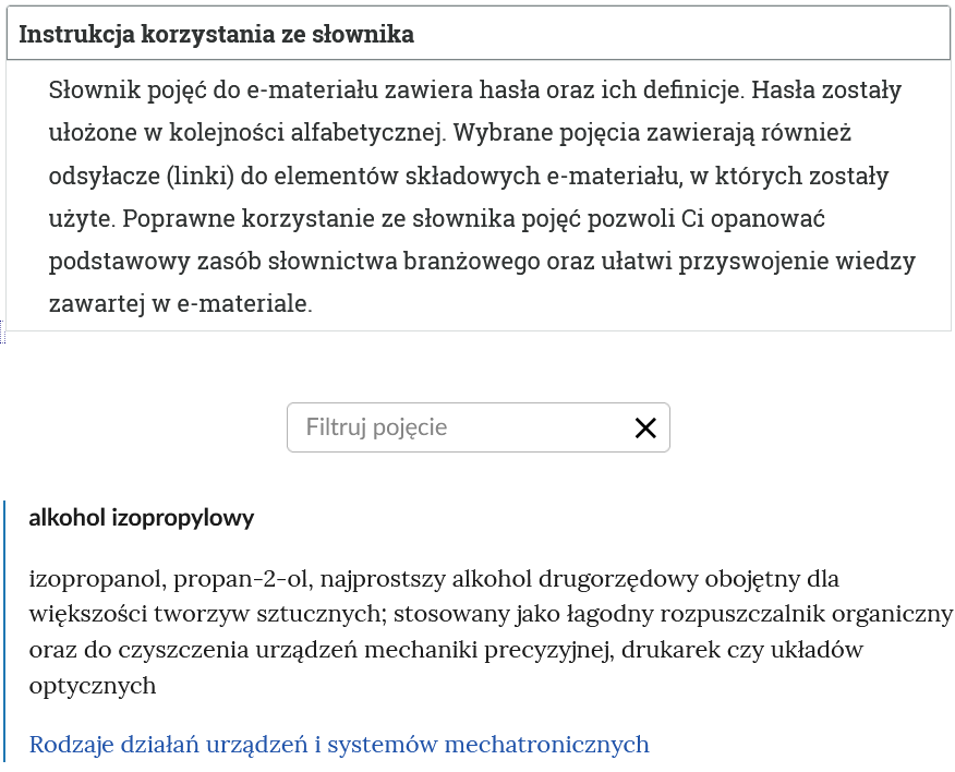 Przykładowy widok otwartej zakładki instrukcji korzystania ze słownika. Pod nazwą zakładki znajduje się prostokątny panel filtruj pojęcie i znak iks. Na dole widoczne jest hasło wraz z definicją oraz nawigacja do zakładki, w której termin się znajduje.