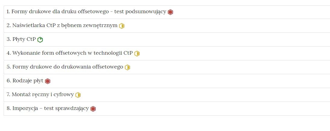 Grafika przedstawia widok interaktywnego materiału sprawdzającego, czyli zbioru poszczególnych zadań w formie listy z nazwami zadań, gdzie po kliknięciu w nazwę zadania pojawi się jego zawartość.