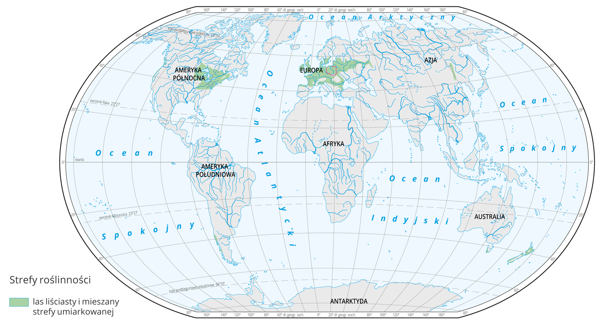Mapa świata prezentuje występowanie lasów liściastych na Ziemi. Lasy liściaste oznaczone kolorem zielonym na mapie występują w: Północnej i Środkowej Europie, Środkowo - Wschodniej Ameryce Północnej.