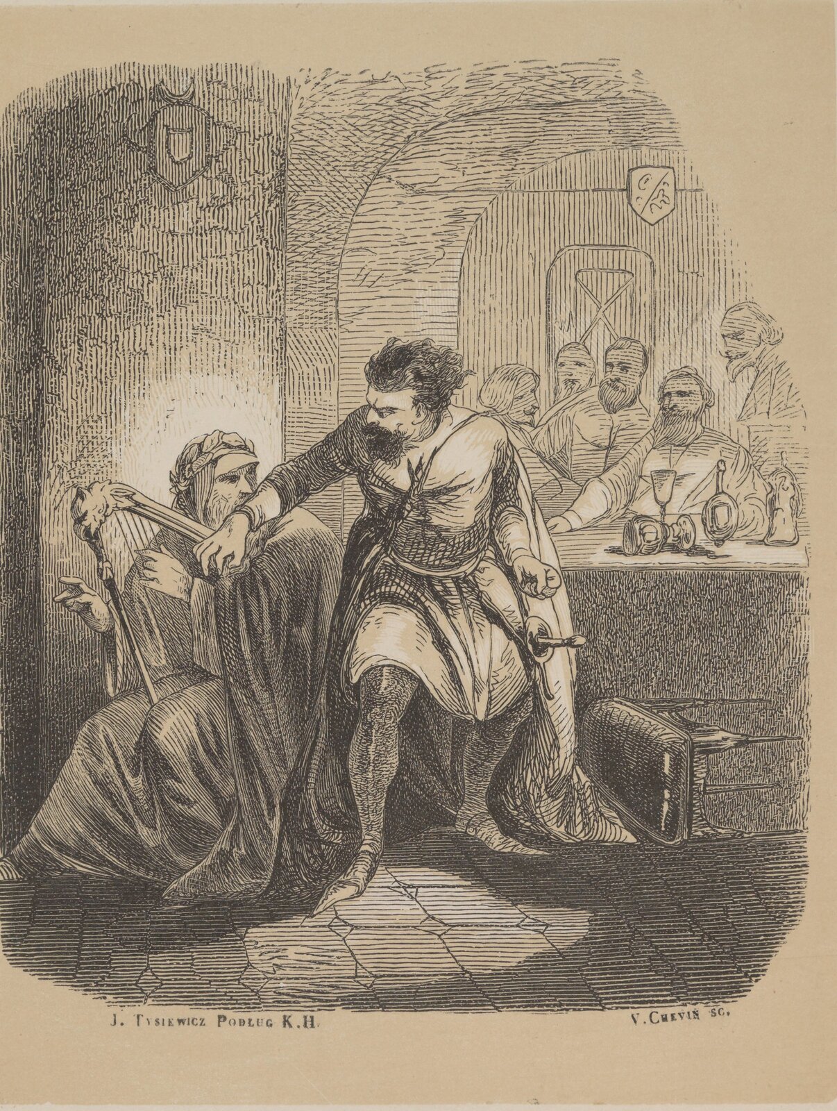 Ilustracja przedstawia wnętrze niewielkiej sali. Na pierwszym planie znajduje się w niej dwóch mężczyzn. Siedzący po lewej stronie starzec w długiej szacie i laurowym wieńcu na głowie. Starzec gra na trzymanej na kolanach lirze. Odwraca głowę do stojącego po jego lewej stronie dojrzałego mężczyzny. Mężczyzna ten wyciąga prawą dłoń w kierunku liry. Ubrany jest w długi kaftan, obcisłe pończochy, na ramionach ma pelerynę, na stopach duże ciżmy. Przy lewym jego boku zawieszony jest miecz. Obok niego leży przewrócony stołek. Na drugim planie znajduje się przy stole grupa pięciu mężczyzn. Jeden z nich siedzi przy stole, reszta stoi.