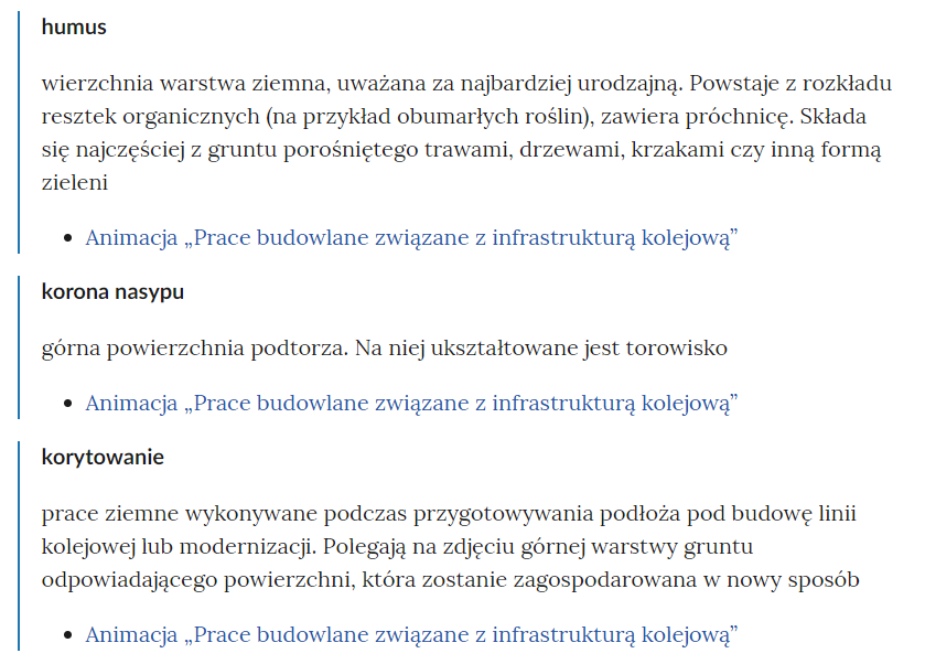 Zrzut ekranu przedstawia kilka pojęć ze Słownika. Konstrukcja jest następująca: pojęcie, poniżej jego wyjaśnienie, a pod nim znajduje się link, po którego kliknięciu użytkownik przenosi się do rozdziału w tym materiale, w którym dane pojęcie jest wykorzystywane. Linków może być jeden lub kilka, w zależności od tego, w ilu rozdziałach użyto pojęcia.