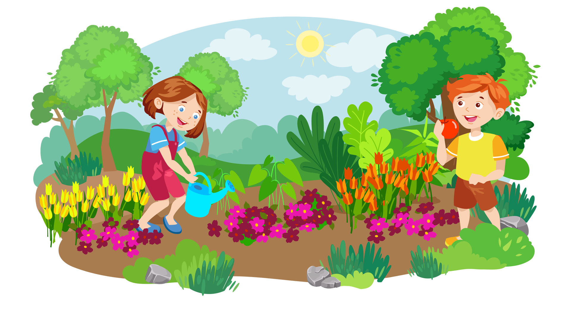 Ilustracja przedstawia pagórkowaty teren porośnięty zielenią. W tle widać błękitne niebo ze słońcem i jasnymi chmurami. Dookoła rośnie kilka drzew liściastych. Na pierwszym planie znajduje się pas brązowej ziemi, w której posadzono kolorowe kwiaty: żółte i pomarańczowe tulipany oraz różowe i bordowe fiołki. Wśród nich, po lewej stronie ilustracji, stoi Maja. Jest ubrana w niebieską koszulkę z krótkimi błękitnymi rękawami, krótkie ciemnoróżowe spodnie ogrodniczki i ciemnoniebieskie buty. W rękach trzyma błękitną konewkę. Pochyla się z zamiarem podlania kwiatów. Po prawej stronie ilustracji stoi Franek. Jest ubrany w żółtą koszulkę z krótkimi pomarańczowymi rękawami, krótkie brązowe spodnie i pomarańczowe buty z żółtymi podeszwami. W prawej ręce trzyma czerwone jabłko, które zamierza zjeść.
