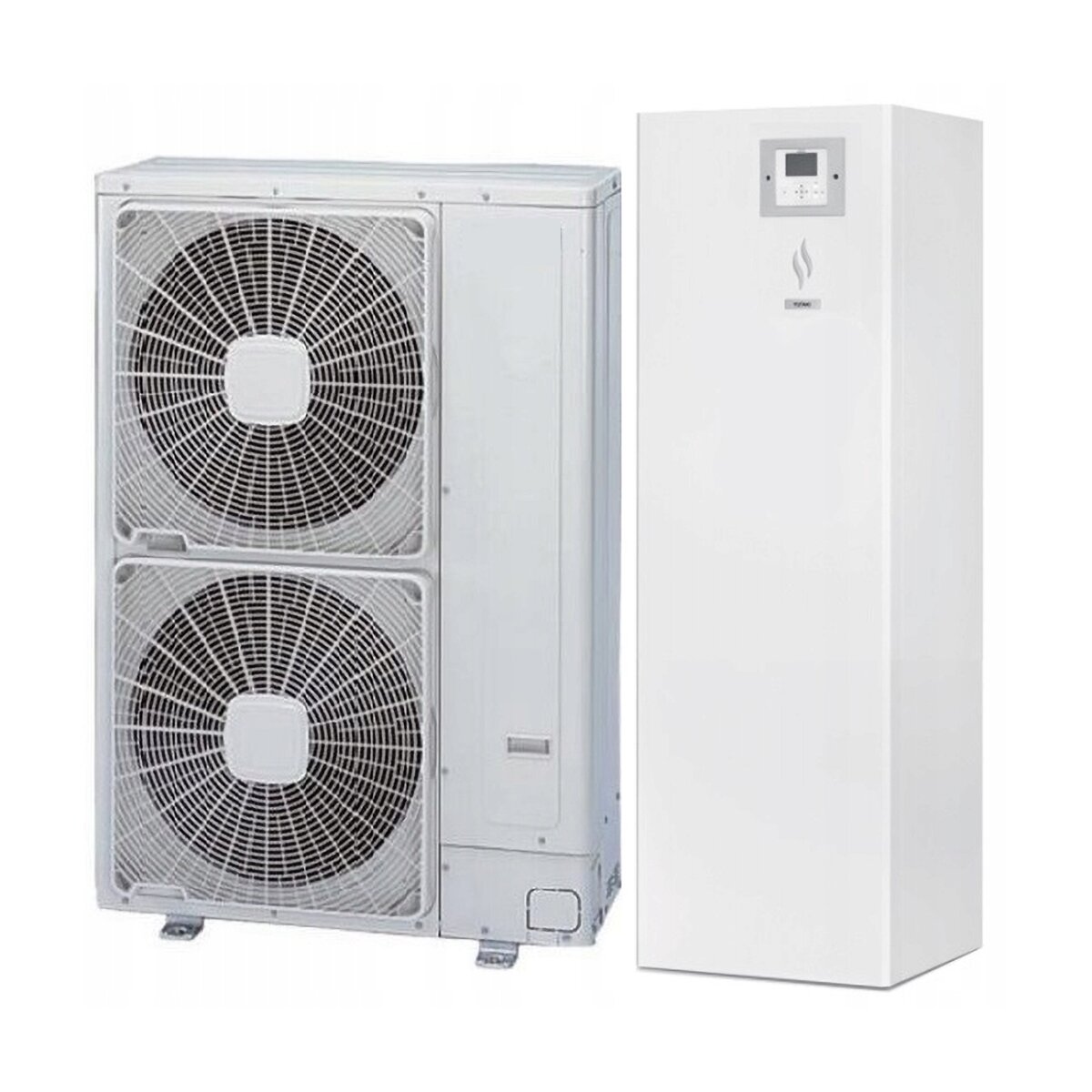 Zdjęcie przedstawia pompę ciepła typu split. Po lewej stronie widoczna jest jednostka zewnętrzna z zauważalnymi kratkami wentylatorów, po prawej stronie jednostka wewnętrzna ze zintegrowanym zbiornikiem ciepłej wody użytkowej. Urządzenie ma kształt prostopadłościanu z niewielkim wyświetlaczem w górnej części.