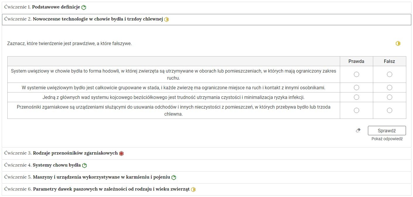 Grafika przedstawia fragment harmonii z sześcioma ćwiczeniami. Każde ćwiczenie jest ponumerowane, ma tytuł oraz poziom trudności. Zostało wybrane ćwiczenie drugie. Nowoczesne technologie w chowie bydła i trzody chlewnej. Poniżej widoczne jest polecenie. Pod polecenie w tabeli w osobnych wierszach znajdują się zdania. Tabela ma też kolumny: Prawda i Fałsz. Znajdują się w nich kółka z szarą obwódką. Rozwiązanie ćwiczenia polega na zaznaczeniu właściwego kółka przy każdym wierszu.   