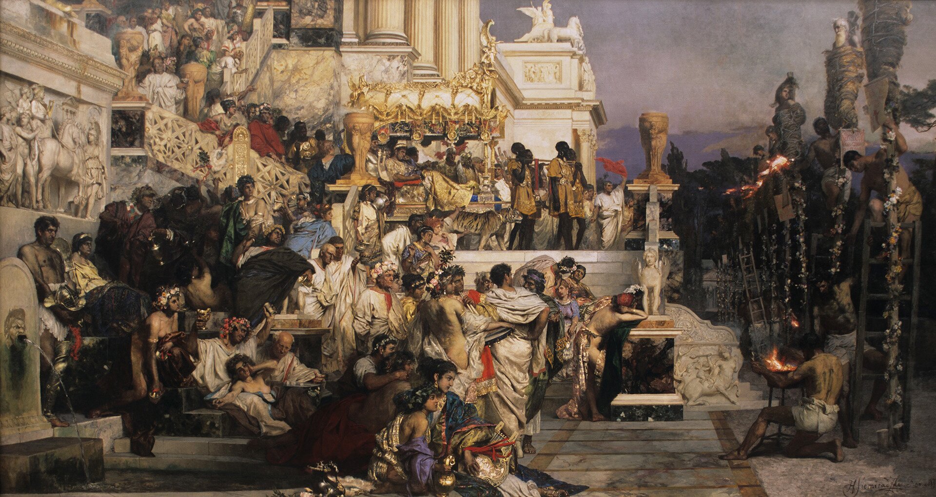 Obraz Henryka Siemiradzkiego przedstawiającego scenę z czasów cesarza rzymskiego Nerona. Skrępowani chrześcijanie tuż przed podpaleniem.