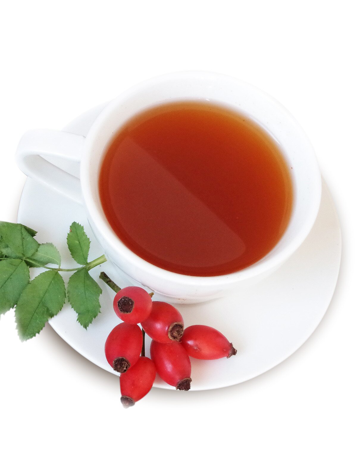 Ilustracja przedstawiająca herbatę w białej filiżance. liść mięty oraz owoc żurawiny. Widok z góry.
