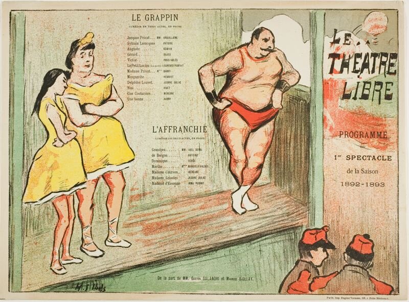Rysunek przedstawia pięć osób zgromadzonych przed Théâtre Libre. Na podwyższeniu, wyglądającym jak fragment balkonu, stoi troje ludzi. Po prawej stronie otyły mężczyzna w średnim wieku. Jest łysawy, ma wąsy. Ubrany jest w strój atlety. Ma na sobie krótkie spodenki i koszulkę na ramiączkach. Jest bez butów, w samych skarpetach. W lewej części stoją dwie kobiety. Starsza, wyższa jest krągła. Trzyma skrzyżowane ręce. Młodsza, niższa i szczuplejsza stoi tuż obok niej. Pochyla w jej kierunku głowę. Ma także skrzyżowane ręce. Obie kobiety są ubrane w stroje baletnic i puenty. Po prawej stronie rysunku, na ścianie napis Théâtre Libre. Przyglądają mu się dwaj mężczyźni ubrani w mundury wojskowe.