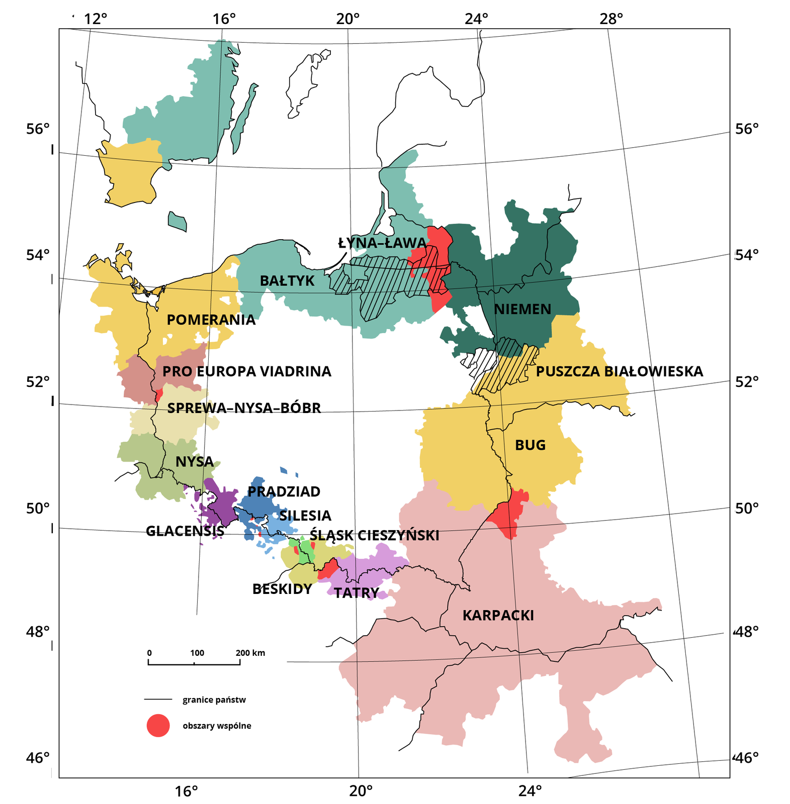 Mapa przedstawiająca euroregiony położone na granicach Polski. Mapa jest biała, granice państw oznaczono przerywanymi czarnymi liniami. Teren każdego z euroregionów oznaczono innym kolorem, podano również jego nazwę. Od północy kraju, podążając zgodnie z ruchem wskazówek zegara, są to: Euroregion Bałtyk, Łyna‑Ława, Niemen, Puszcza Białowieska, Bug, Karpacki, Tatry, Beskidy, Śląsk Cieszyński, Silesia, Pradziad, Glacensis, Nysa, Sprewa‑Nysa‑Bóbr, Pro Europa Viadrina, Pomerania. Kolorem czerwonym wyróżniono również obszary wspólne, należące do więcej niż jednego euroregionu.