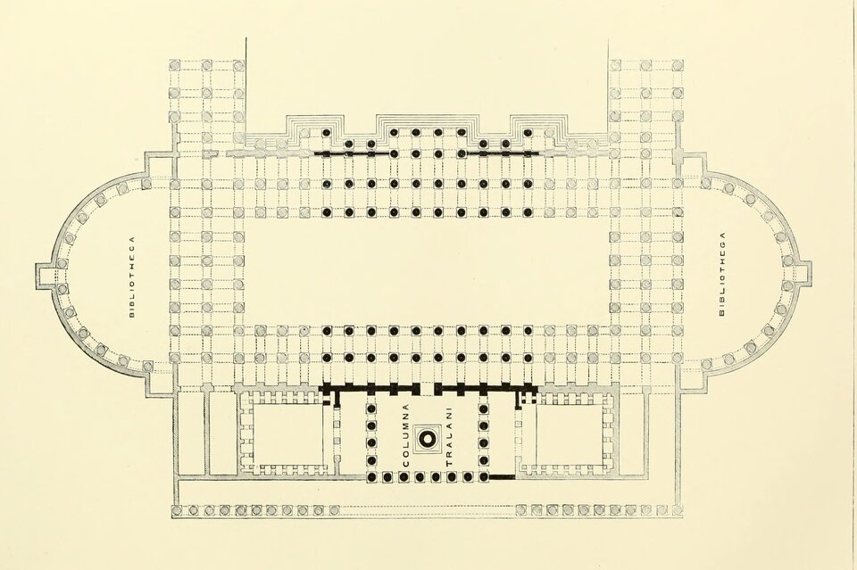 Plan parteru Bazyliki Ulpia - czarny wieloelementowy szkic na kremowym tle.