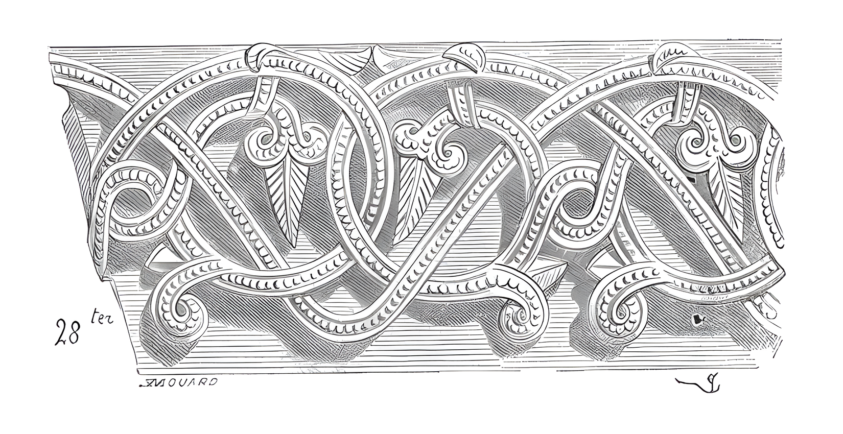 Rysunek przedstawia wzór ornamentu, który ciągnie się w poziomie. Ornament jest złożony z pasów, które tworzą układy podobne do okręgów i ósemek. We wzór wkomponowane są również trzy podobne do siebie elementy roślinne. Tło stanowią poziome kreski.