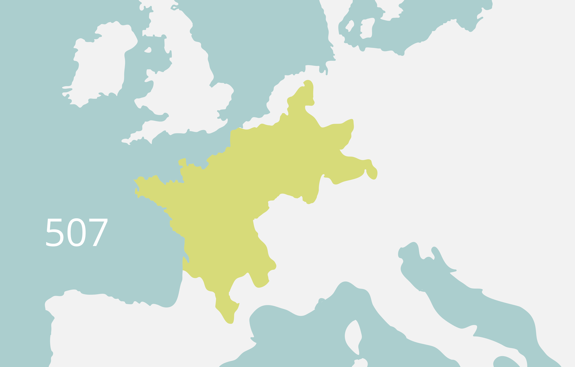 Mapa przedstawia państwo Franków w 507 roku. Tereny obejmują terytorium dzisiejszej północnej części: Niemiec, Holandii oraz Belgii oraz prawie całej Francji.