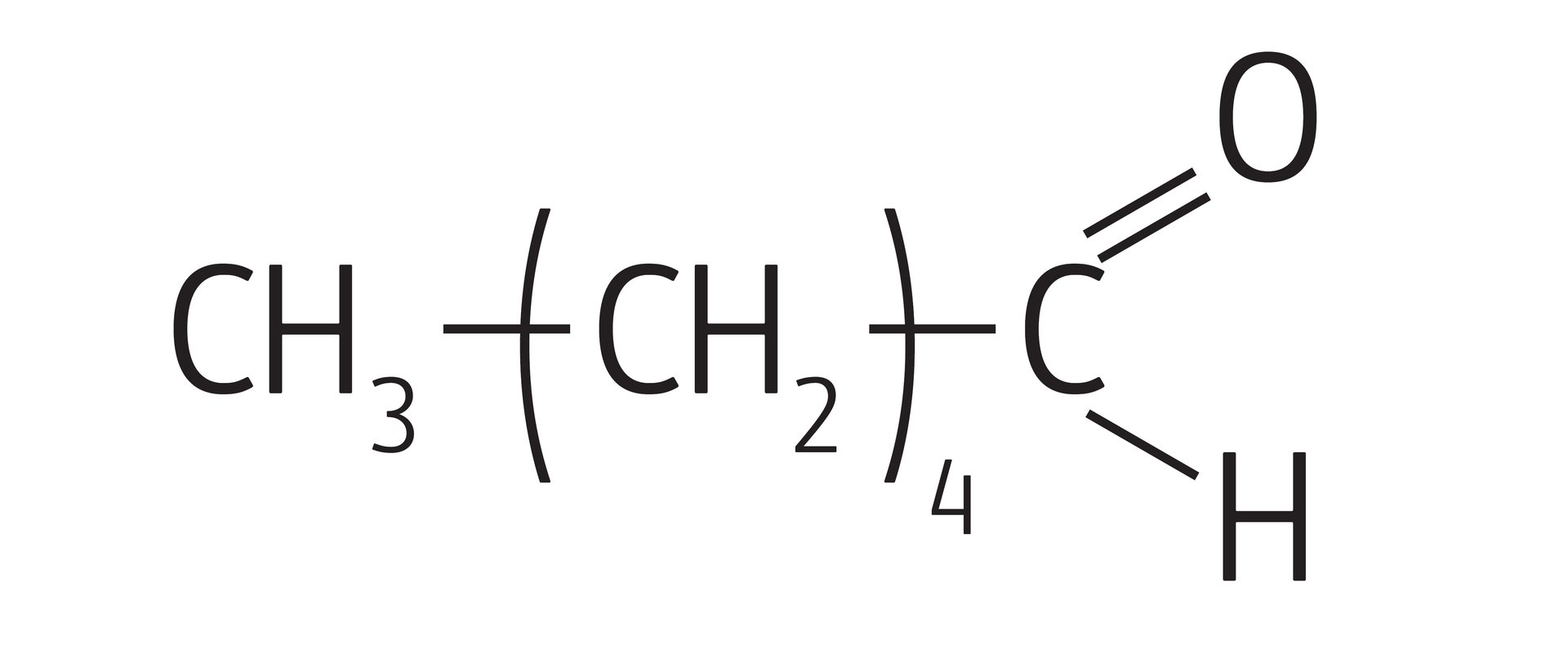 Na ilustracji jest wzór półstrukturalny: opis od lewej strony - grupa metylowa łączy się wiązaniem pojedynczym z grupą metylenową cztery razy wziętą, a ta łączy się wiązaniem pojedynczym z atomem węgla. Atom węgla łączy się wiązaniem podwójnym z atomem tlenu i wiązaniem pojedynczym z atomem wodoru. 