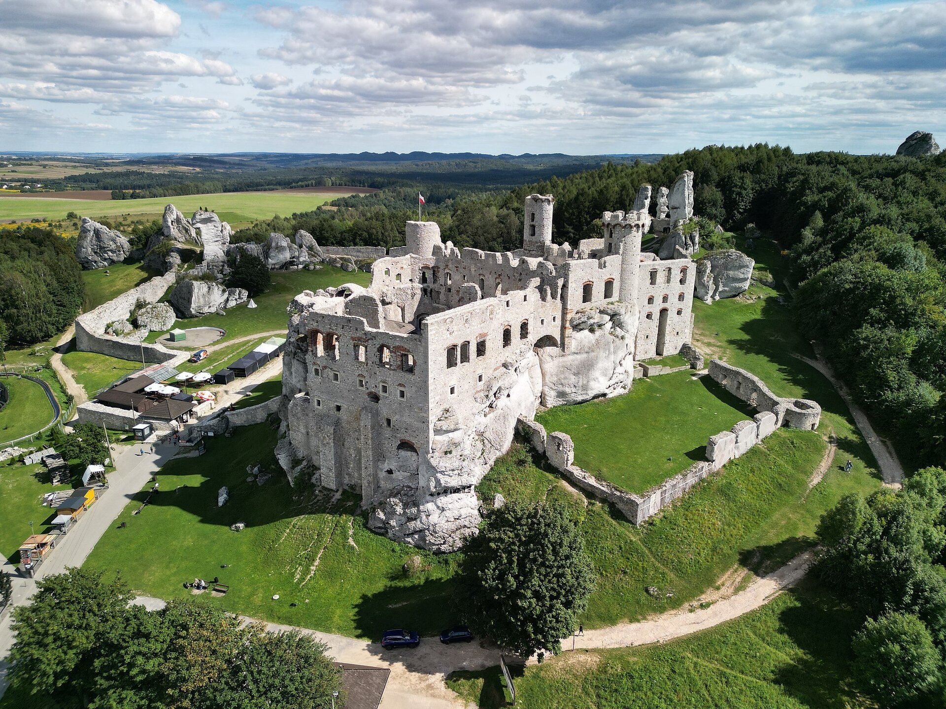 Fotografia prezentująca ruiny zamku umiejscowionego na wapiennym wzgórzu koło Ogrodzieńca. Białe, kamienne ruiny na lekkim wzniesieniu porytym trawą. Dookoła pola i lasy.