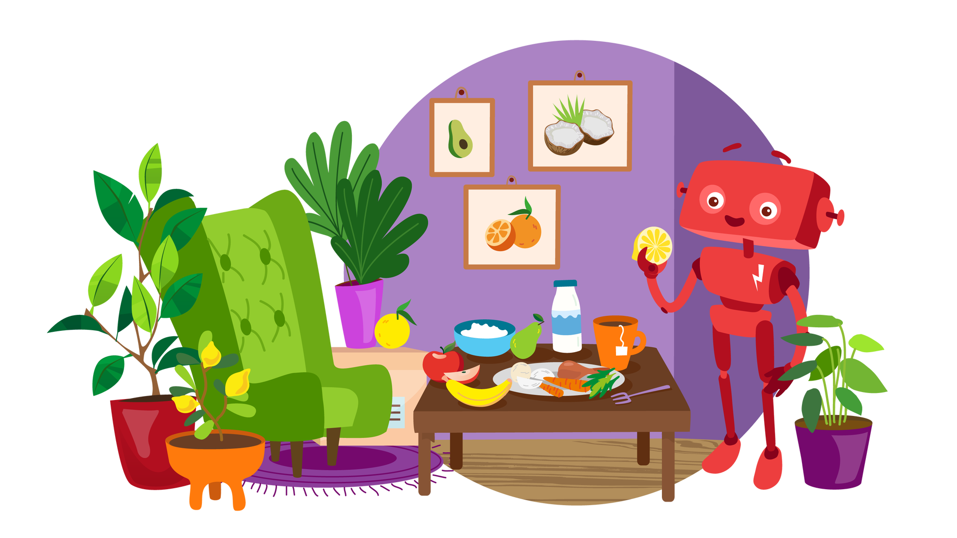 Ilustracja przedstawia pomieszczenie w domu. W tle znajduje się fioletowa ściana, na której wiszą trzy obrazki w jasnobrązowych ramkach. Pierwszy obrazek przedstawia połowę awokado z brązową pestką. Drugi obrazek przedstawia dwie połowy kokosa i duży liść. Trzeci obrazek przedstawia pomarańczę z dwoma zielonymi listkami i opartą o nią połowę drugiej pomarańczy. Po lewej stronie pomieszczenia, na drewnianej podłodze, jest duża zielona roślina w ciemnoczerwonej donicy oraz małe drzewko cytrynowe w pomarańczowej donicy. Na prawo od nich leży okrągły fioletowy dywan z frędzlami. Na dywanie stoi duży jasnozielony fotel. Za fotelem widać beżowe pudełko z pokrywką, na którym znajduje się zielona roślina w fioletowej donicy i cytryna z dwoma zielonymi listkami. Na środku pokoju stoi kwadratowy brązowy stolik. Ustawiono na nim różne produkty spożywcze. Od lewej strony są to: czerwone jabłko, mały kawałek drugiego jabłka, banan, niebieska miska z twarożkiem, zielona gruszka, talerz warzyw, butelka wody, pomarańczowy kubek herbaty i widelec. Na prawo od stołu stoi uśmiechnięty Zgrzytek. Jest to czerwony robot o prostokątnej głowie z krótkimi antenkami zamiast uszu, dwiema rękami i dwiema nogami. Na przedniej części jego tułowia widnieje biały znaczek w postaci błyskawicy. Zgrzytek trzyma w prawej ręce połowę cytryny. Za robotem, na podłodze, jest zielona roślina w ciemnofioletowej donicy.