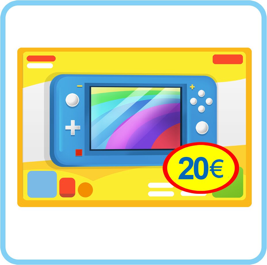 Ilustracja przedstawia pudełko, w którym jest przenośna konsola do gier. Cena 20 euro