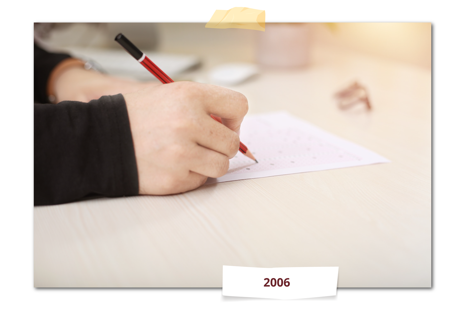 Ilustracja przedstawia dłoń trzymającą ołówek i wypełniającą test. Rok: 2006.