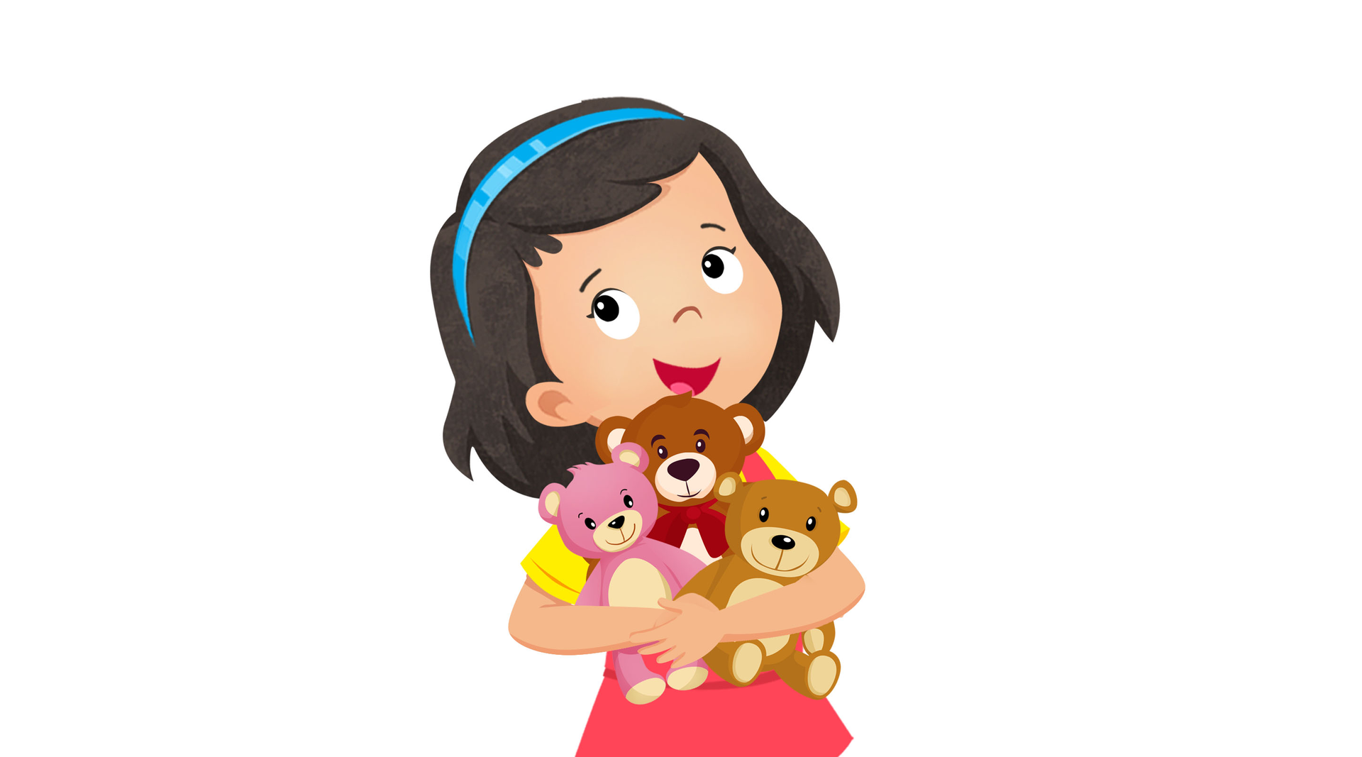 Ilustracja przedstawia dziewczynkę z pluszowymi misiami.