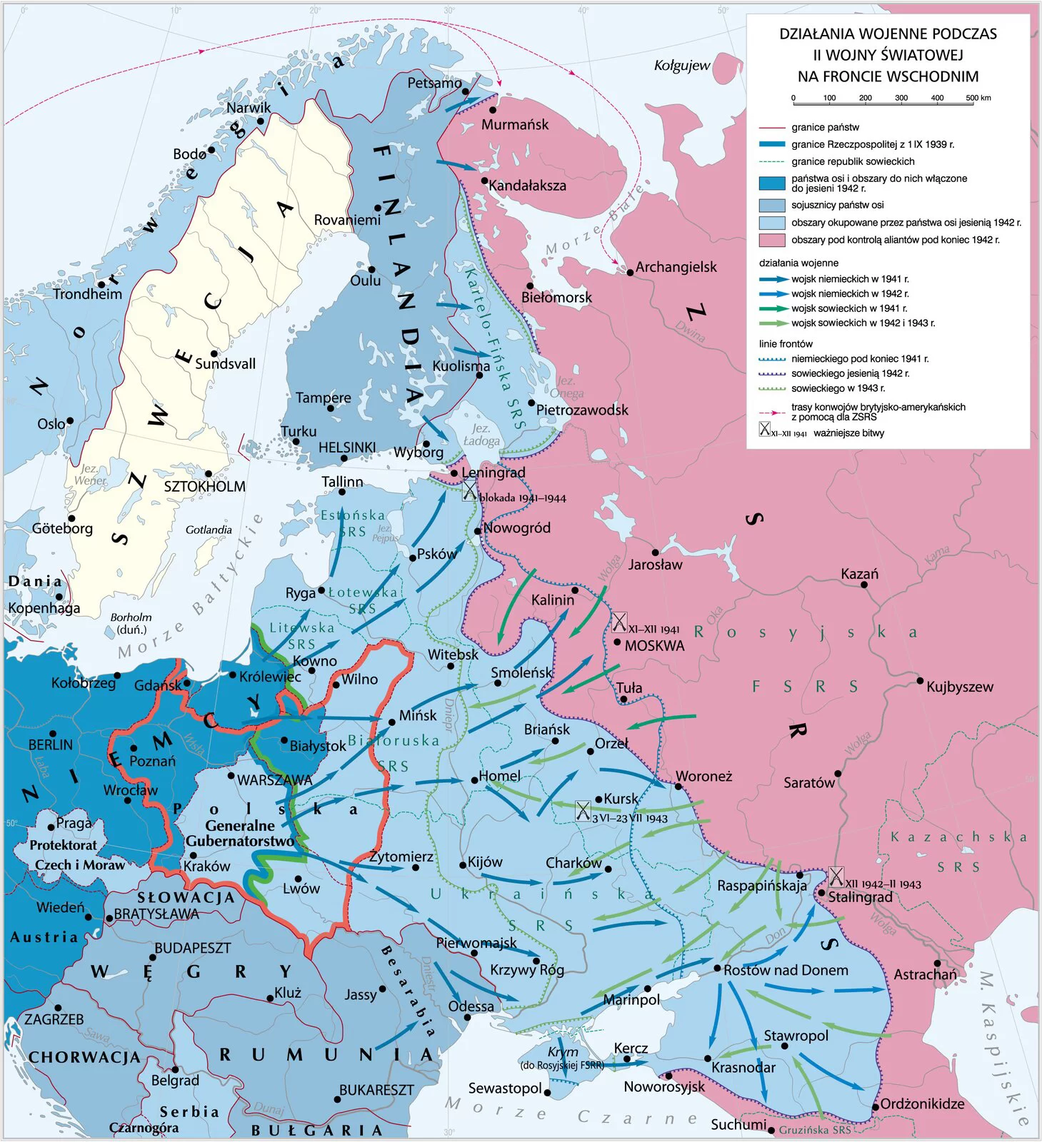 Kliknij, aby powiększyć Mapa - Działania wojenne podczas II wojny światowej na froncie wschodnim. Niemcy zaznaczono kolorem granatowym, Kraje okupowane Norwegia, Polska, część europejska ZSRS zaznaczono kolorem niebieskim . Na mapie kolorem czerwonym zaznaczono kontury granic II RP. Wskazano najważniejsze bitwy na froncie wschodnim Leningrad, Stalingrad, Smoleńsk, niiebieskie strzałki wskazują atak wojsk niemieckich na obszary ZSRS, a zielone strzałki przedstawiają marsze wojsk Armii Czerwonej.