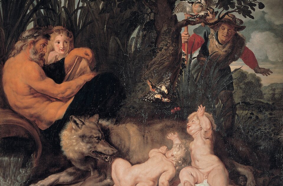 Obraz przedstawia scenę rodzajową. Pod krzewem, leży wilczyca. Przy jej sutkach znajduje się dwóch małych, nagich chłopców. Na drugim planie, po prawej stronie obrazu ukazany jest młody mężczyzna wyglądający zza krzewu. Po lewej stronie obrazu siedzi tyłem do widza muskularny, dojrzały mężczyzna, a przy nim młoda kobieta. 